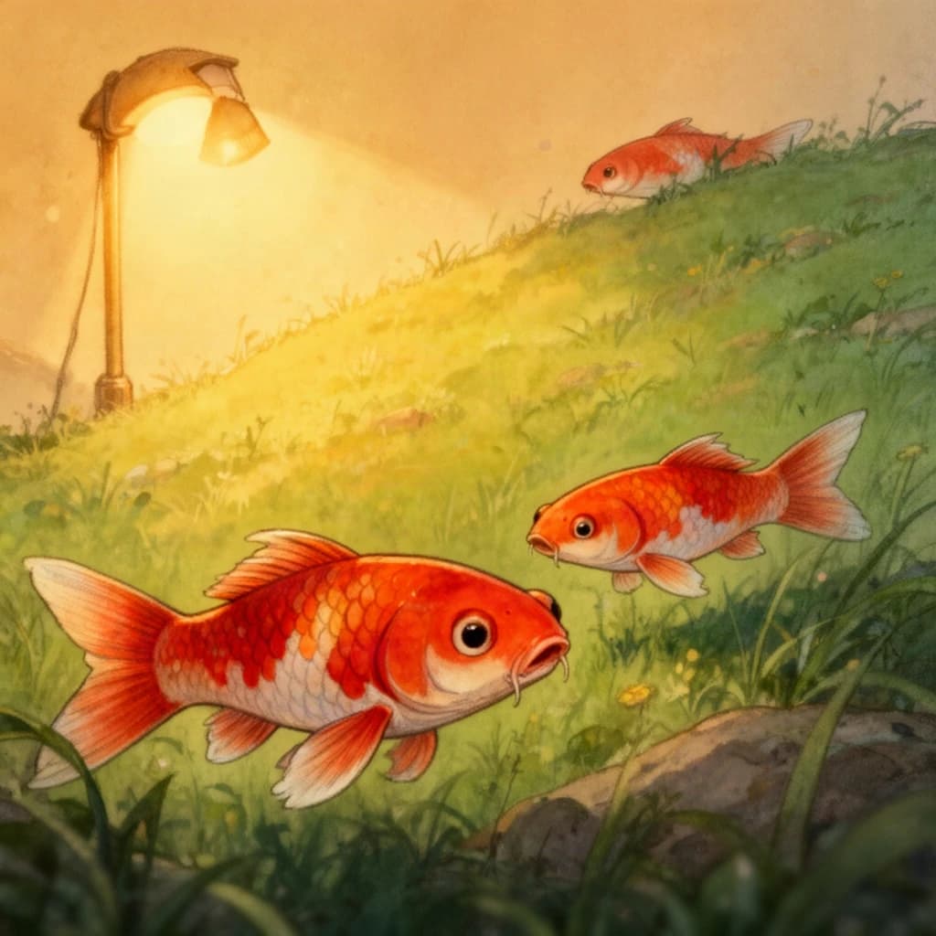 koi fish, grassy hillside, warm lamplight, macro close-up, storybook illustration, high detail