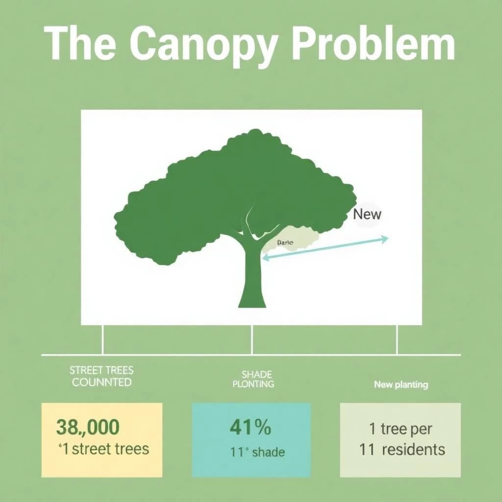 Printed poster titled "The Canopy Problem". A labeled street-tree diagram sits at the center, carrying two keyed regions, "Most trees" shaded dark green and "New planting" shaded light blue. Three stat chips run down a bottom row, reading "38,000 street trees counted", "41% shade coverage" and "1 tree per 11 residents". Each key color matches the shading of the region it names.