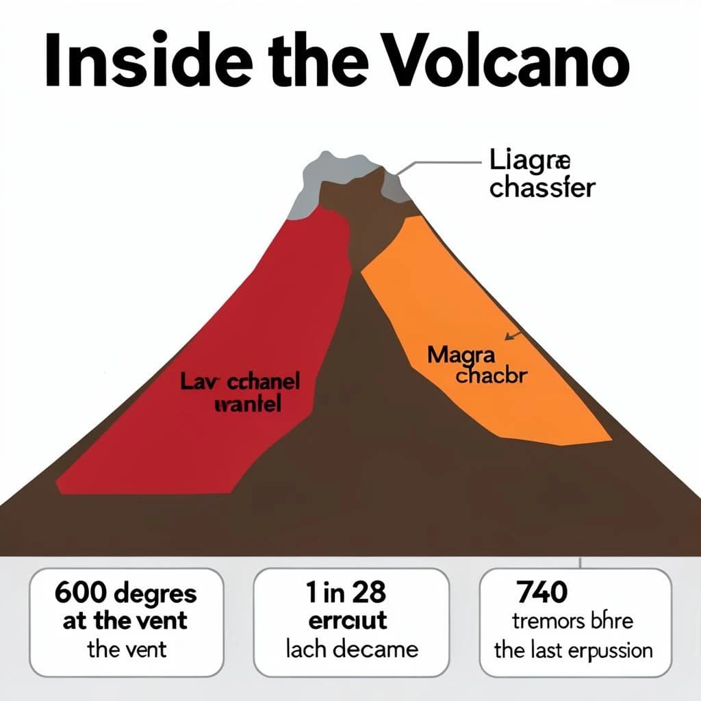 Flat infographic titled "Inside the Volcano". A simplified hazard map of the slopes sits at the center, carrying two keyed regions, "Lava channel" shaded red and "Magma chamber" shaded orange. Three stat chips run down a bottom row, reading "600 degrees at the vent", "1 in 28 erupt each decade" and "760 tremors before the last eruption". Each key color matches the shading of the region it names.