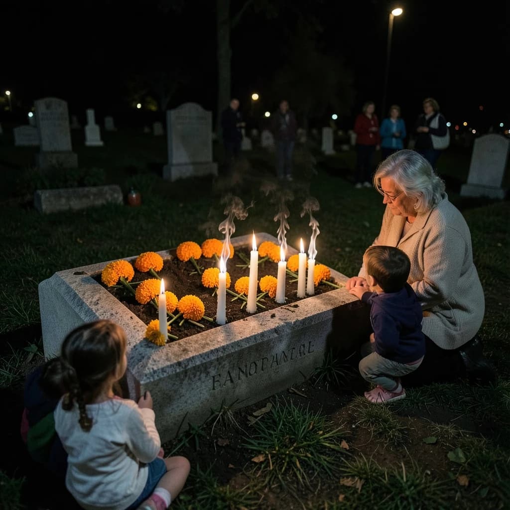 Photojournalism frame from a cemetery vigil at night: one grave slab carrying seven marigold garlands and nine lit candles, three of the candles guttered out and smoking, a grandmother and two children kneeling along the near edge.