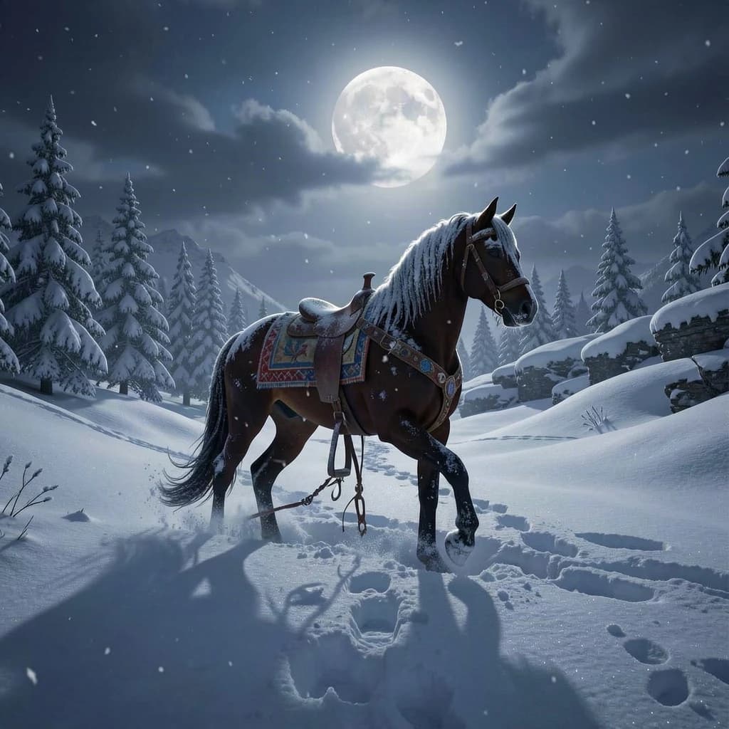 single carousel horse in deep snow, moonlight