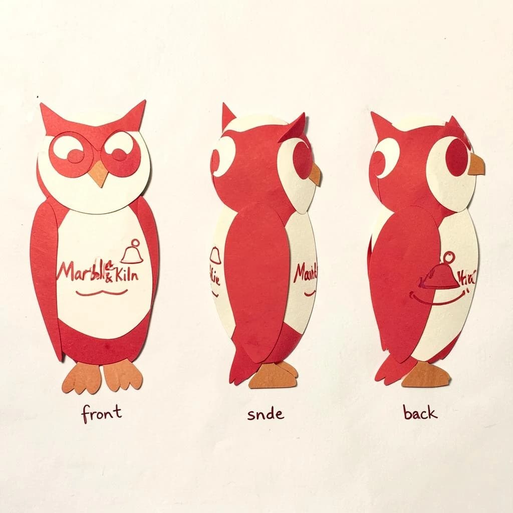 Cut-paper collage of the same bookstore owl mascot drawn in three views, captioned "front", "side" and "back", every view carrying the wordmark "Marble & Kiln" with a small bell outline beside it in the same red-and-cream coloring, only the angle changing.