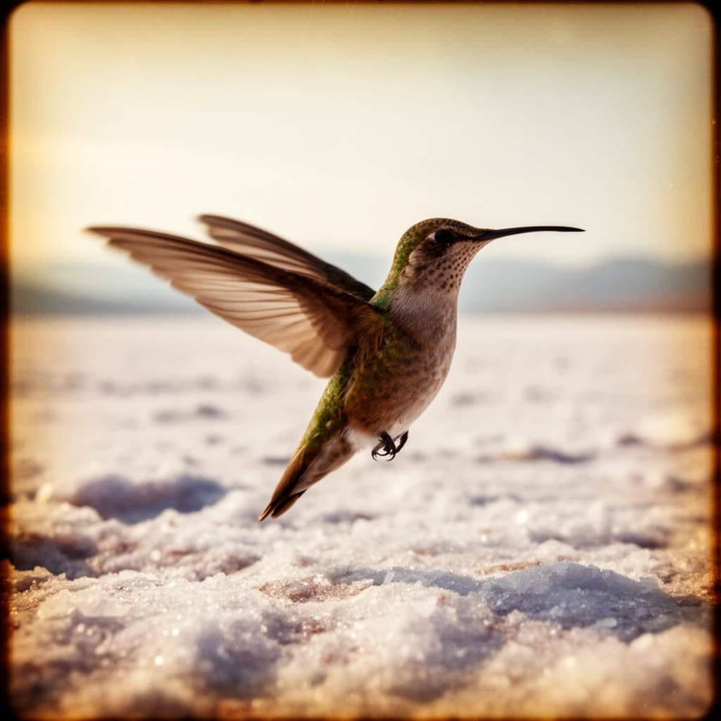 85mm f/8 portrait of a hummingbird across a salt flat, lit through a north-facing window, deep focus, warm color negative look