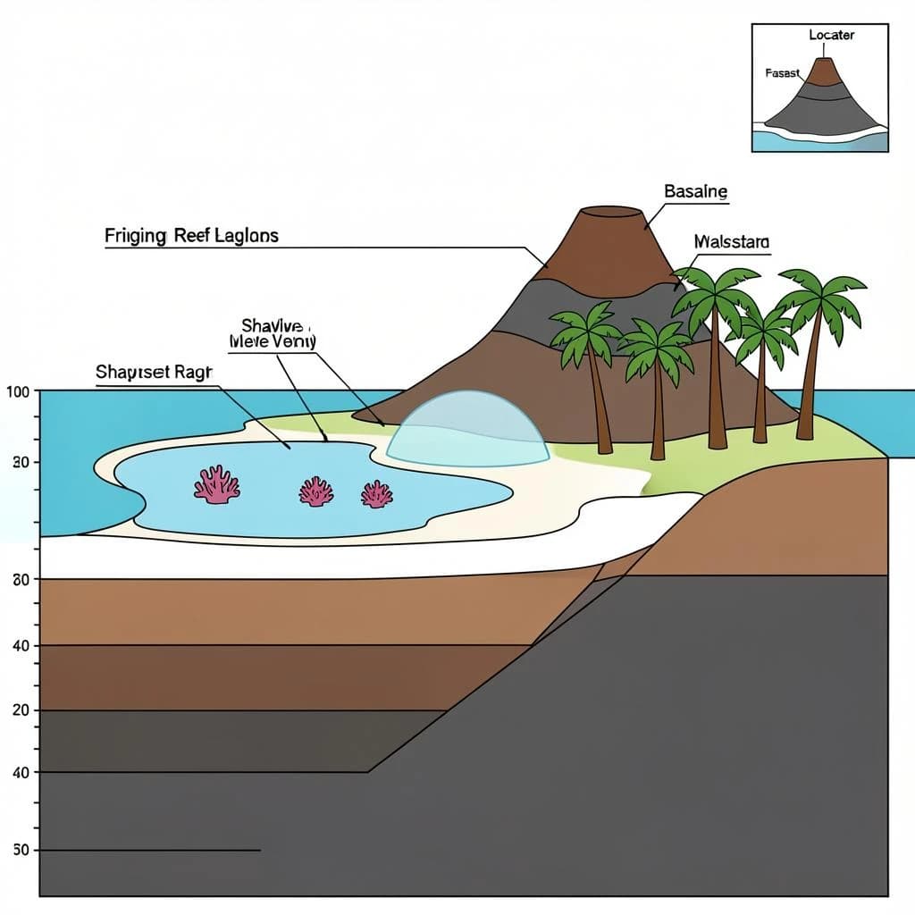 Cross section of a volcanic tropical island as a flat academic figure with clean colour blocks and a horizontal sea level line. Reading from the ocean on the left toward the right: a fringing reef crest, a shallow lagoon holding three coral heads, a white sand beach, a coconut palm belt of five trees, then a rising basalt cone with two lava layers picked out in darker grey, and a freshwater lens drawn as a pale blue dome under the middle of the island. Below sea level the flanks drop in three stepped terraces to a flat deep floor. Eight leader line labels, a depth scale down the left edge, and a small locator inset in the top right.