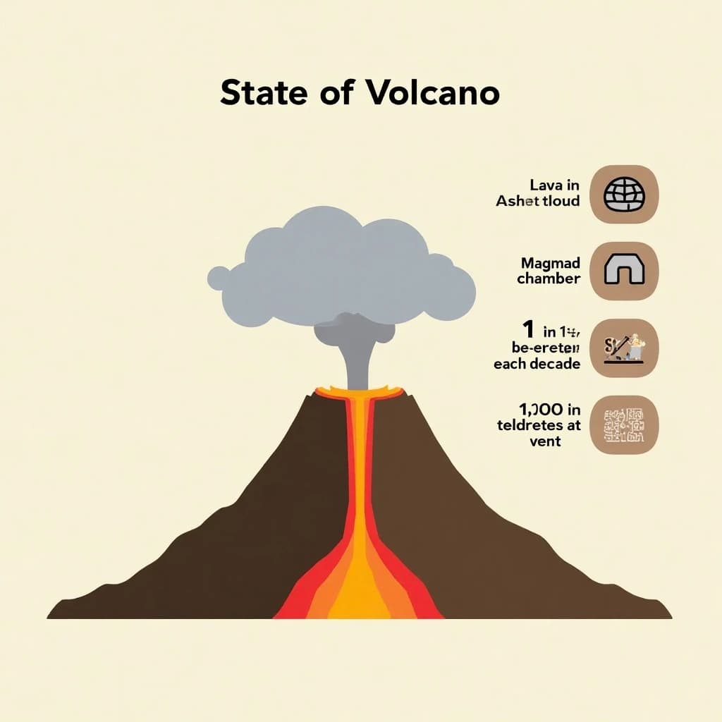 Flat vector illustration titled "State of Volcano": at the center a cutaway cone, carrying three keyed regions, "Lava channel" shaded red, "Ash cloud" shaded gray and "Magma chamber" shaded orange, beside a right column of three stat chips reading "670 tremors before the last eruption", "1 in 27 erupt each decade" and "1,000 degrees at the vent".
