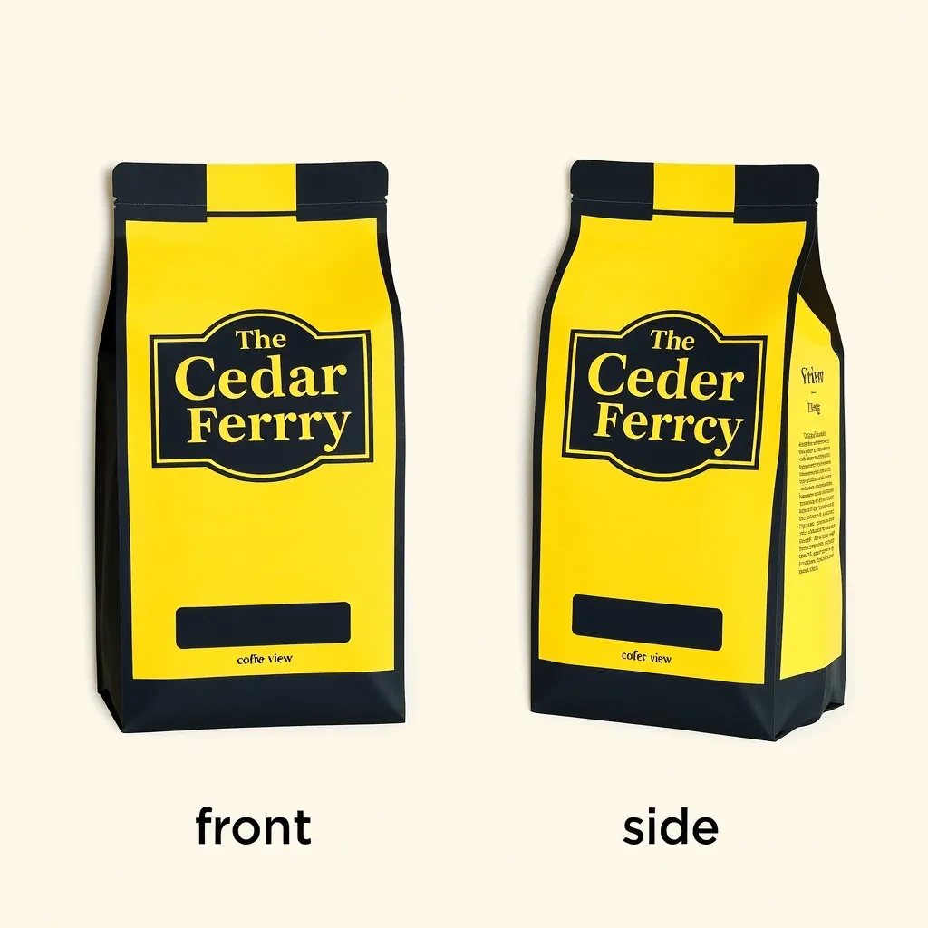 Cut-paper collage: one coffee bag in two views. The views are captioned "front" and "side" in that order. The wordmark "The Cedar Ferry" appears on every view. The black-and-yellow coloring is the same across every view, and only the angle changes.