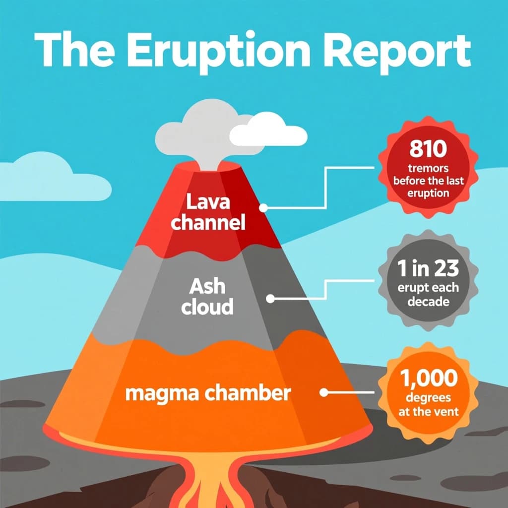 Flat vector illustration titled "The Eruption Report". A cutaway cone sits at the center, carrying three keyed regions, "Lava channel" shaded red, "Ash cloud" shaded gray and "Magma chamber" shaded orange. Three stat chips run down a right column, reading "810 tremors before the last eruption", "1 in 23 erupt each decade" and "1,000 degrees at the vent". Each key color matches the shading of the region it names.