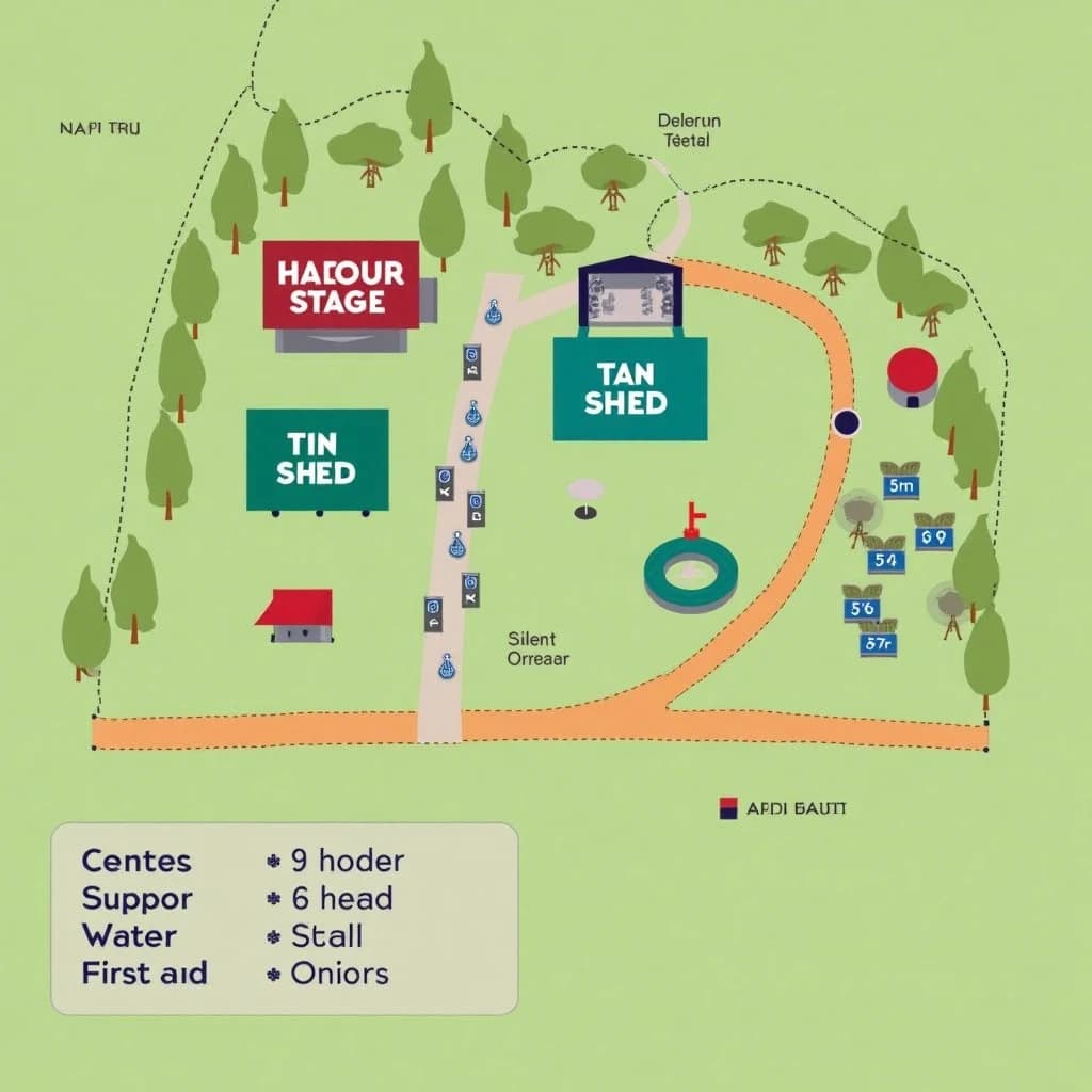 Festival site map in flat editorial infographic style, bird's eye, flat colour blocks on a sage green field inside a dotted perimeter fence.
Four stages: the main "Harbour Stage" along the north edge with a wide crowd shape in front of it, "Tin Shed" on the east, "The Orchard" on the west inside a cluster of round tree canopies, and a small circular "Silent Tent" at the south west corner with no crowd shape around it.
Two food streets run east to west between the stages, the northern one with nine numbered stalls and the southern one with six. Three water points marked by blue droplets sit one beside each of the first three stages. A single first aid cross sits where the two food streets meet the central path.
A gravel path loops the whole site as a dashed ochre line, with entrance gates on the south and east sides only.
A legend box in the lower right lists "Stages", "Food", "Water", "First aid" and "Gates", each with its own symbol. Title at the top left reads "Site Map, Saturday".