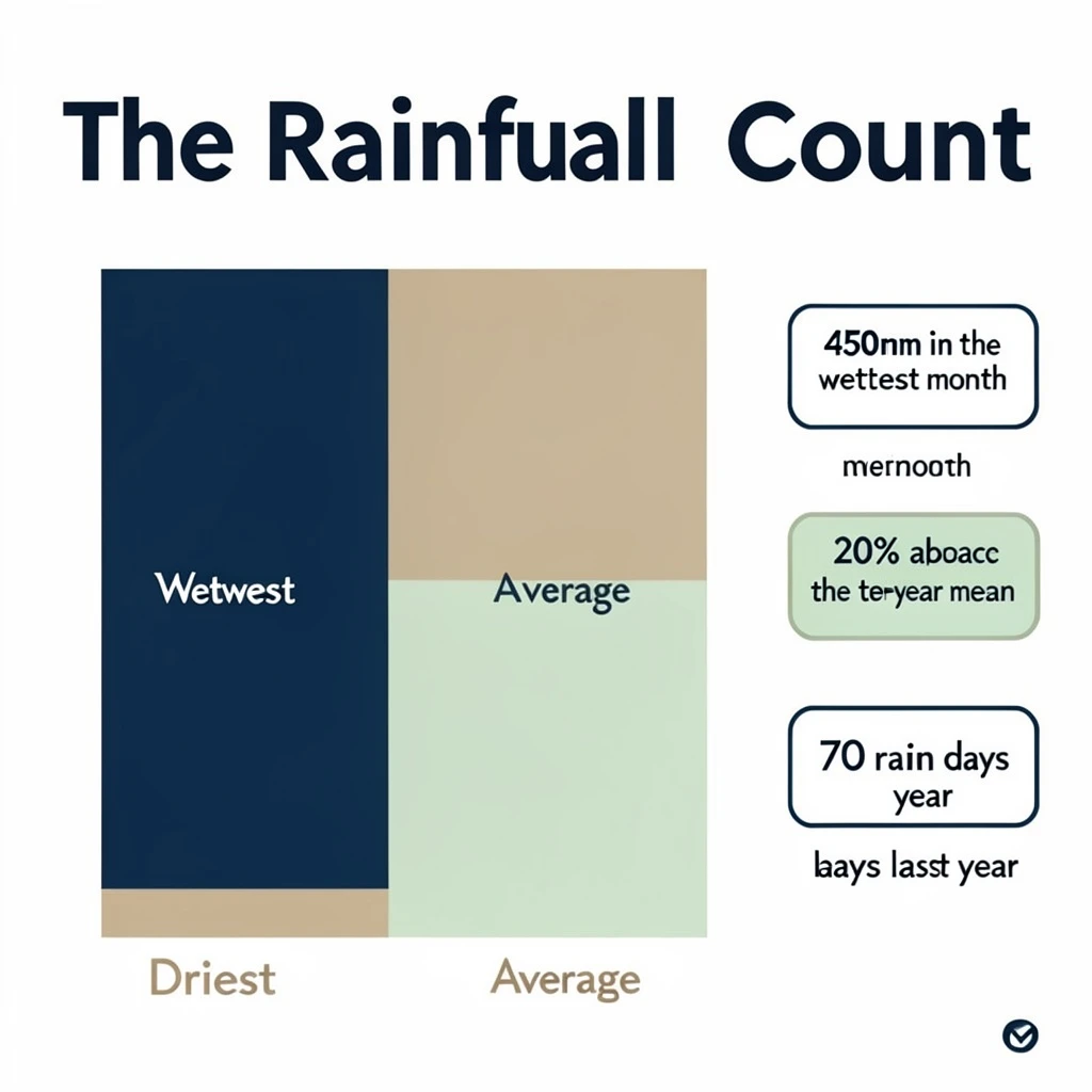 Printed poster titled "The Rainfall Count": at the center a twelve-month rainfall timeline, carrying three keyed regions, "Wettest" shaded dark blue, "Driest" shaded sand and "Average" shaded pale green, beside a right column of three stat chips reading "450mm in the wettest month", "20% above the ten-year mean" and "70 rain days last year".