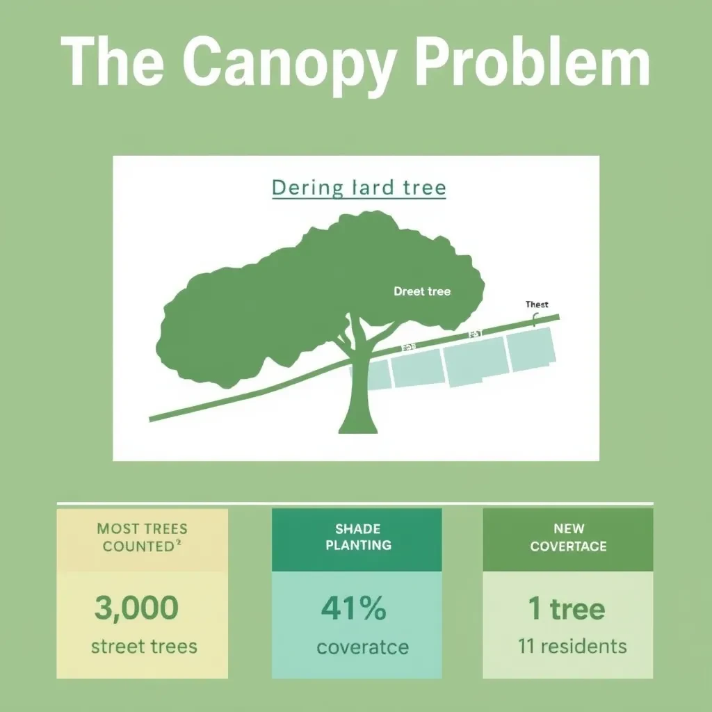 Printed poster titled "The Canopy Problem". A labeled street-tree diagram sits at the center, carrying two keyed regions, "Most trees" shaded dark green and "New planting" shaded light blue. Three stat chips run down a bottom row, reading "38,000 street trees counted", "41% shade coverage" and "1 tree per 11 residents". Each key color matches the shading of the region it names.