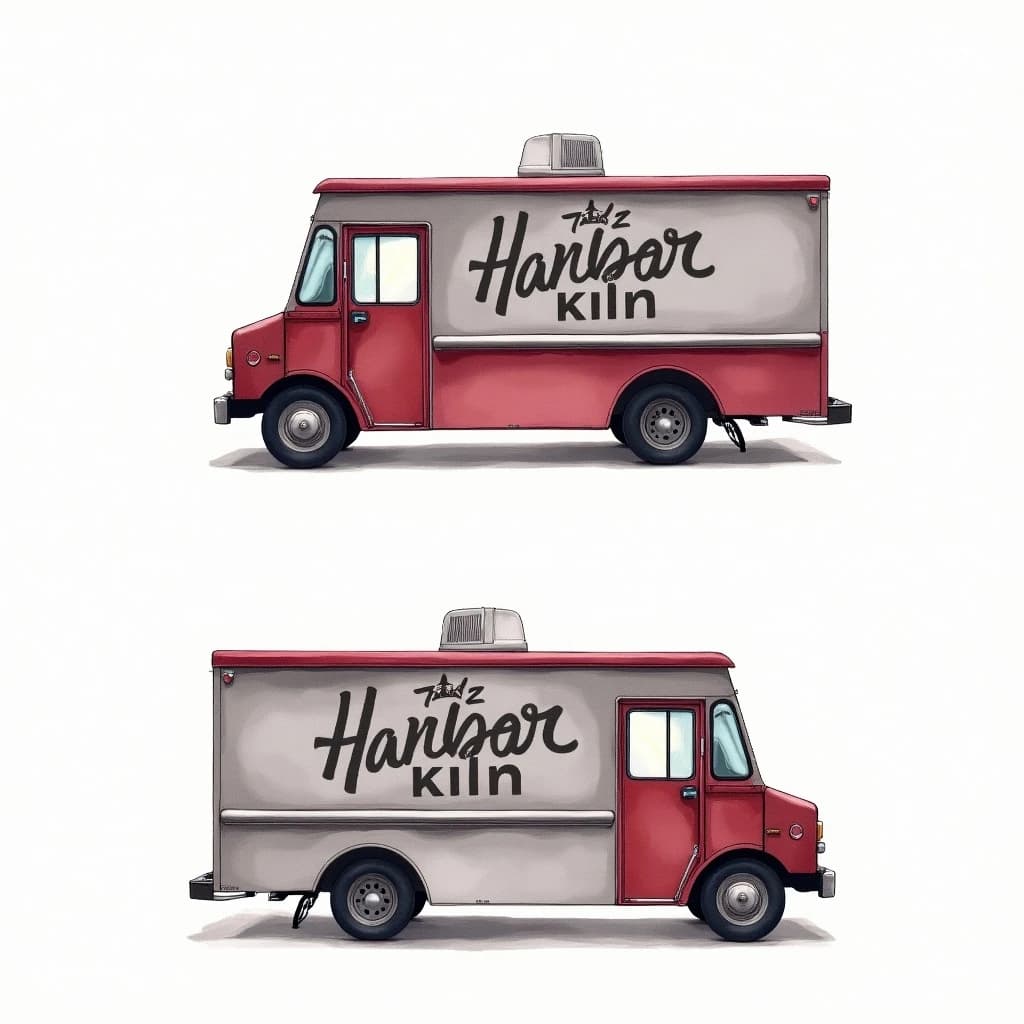 Watercolor of the same food truck drawn in two sides, captioned "left side" and "front", every side carrying the wordmark "The Harbor Kiln" with a simple crown outline beside it in the same maroon-and-gray coloring, only the side changing.