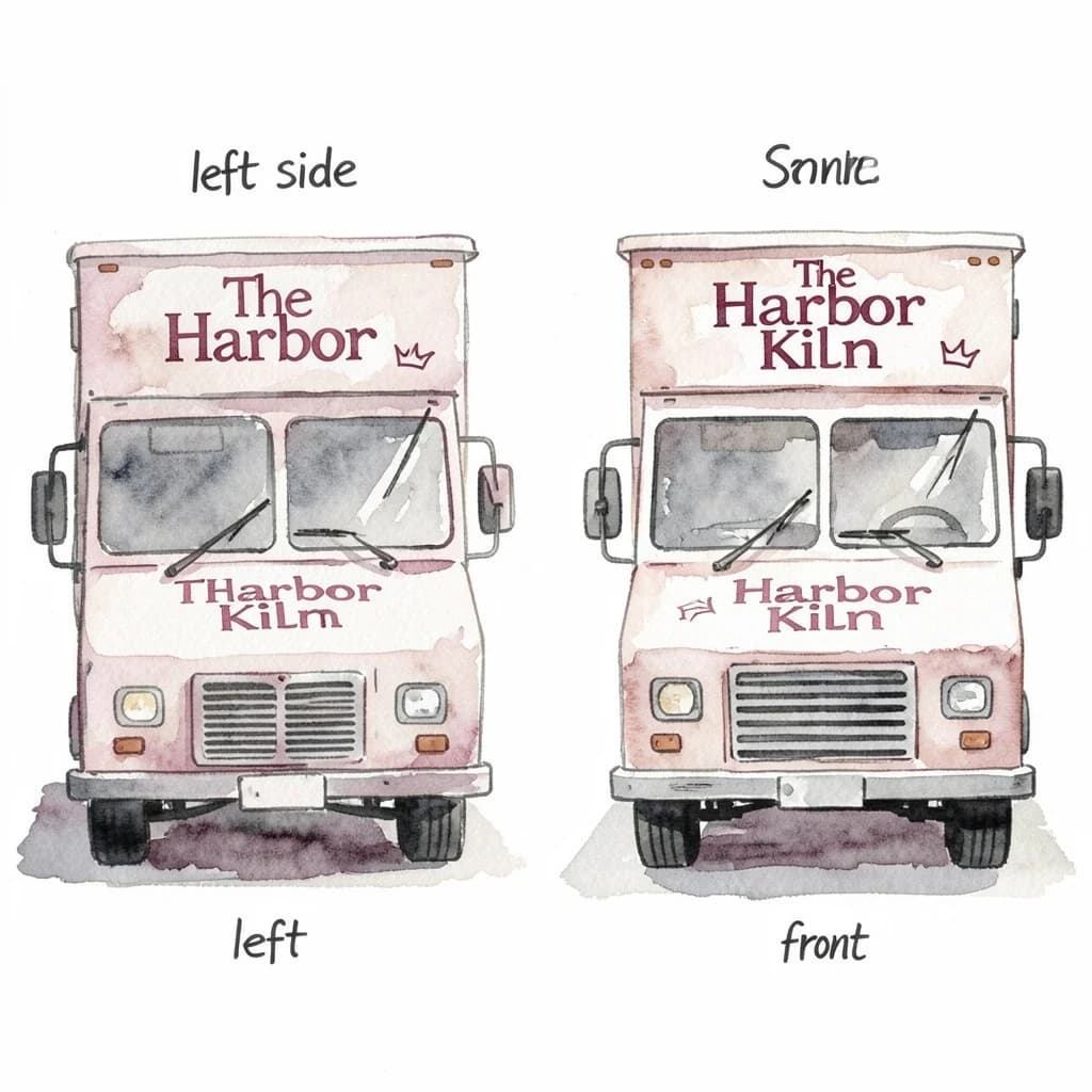 Watercolor of the same food truck drawn in two sides, captioned "left side" and "front", every side carrying the wordmark "The Harbor Kiln" with a simple crown outline beside it in the same maroon-and-gray coloring, only the side changing.