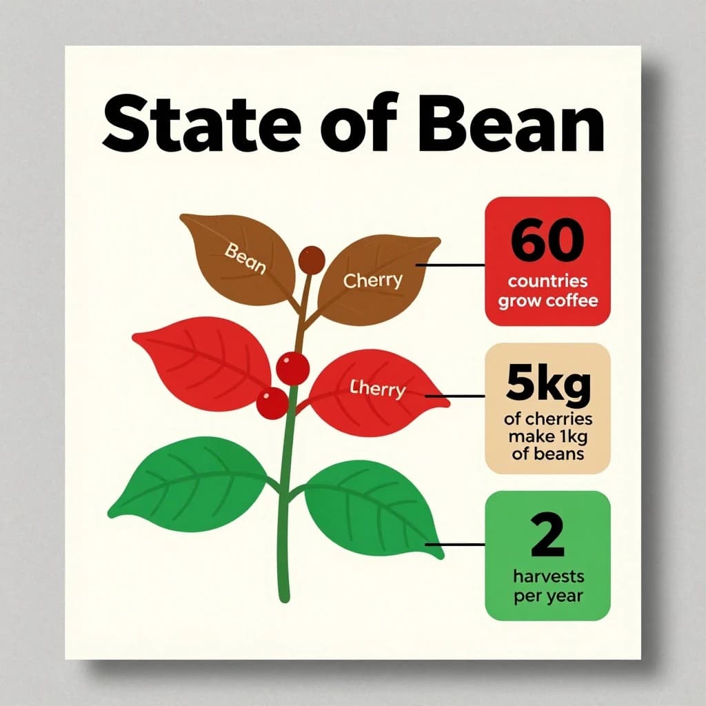 Printed poster titled "State of Bean": at the center a labeled coffee-plant diagram, carrying three keyed regions, "Bean" shaded brown, "Cherry" shaded red and "Leaf" shaded green, beside a right column of three stat chips reading "60 countries grow coffee", "5kg of cherries make 1kg of beans" and "2 harvests per year".
