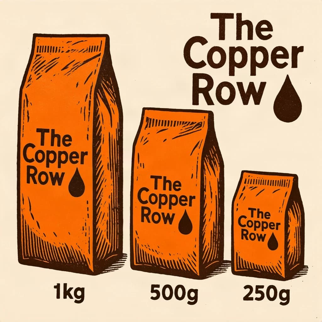 Linocut print: one coffee bag in three sizes. The sizes are captioned "1kg", "500g" and "250g" in that order. The wordmark "The Copper Row" appears on every size with a single droplet symbol beside it. The orange-and-brown coloring is the same across every size, and only the bag size changes.