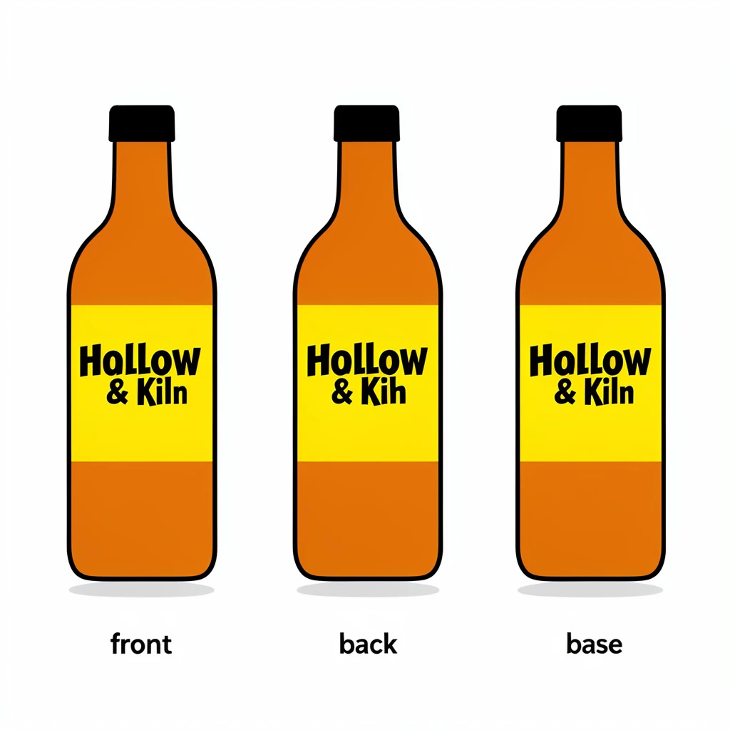 Flat vector illustration of the same hot-sauce bottle drawn in three views, captioned "front", "back" and "base", every view carrying the wordmark "Hollow & Kiln" in the same black-and-yellow coloring, only the angle changing.