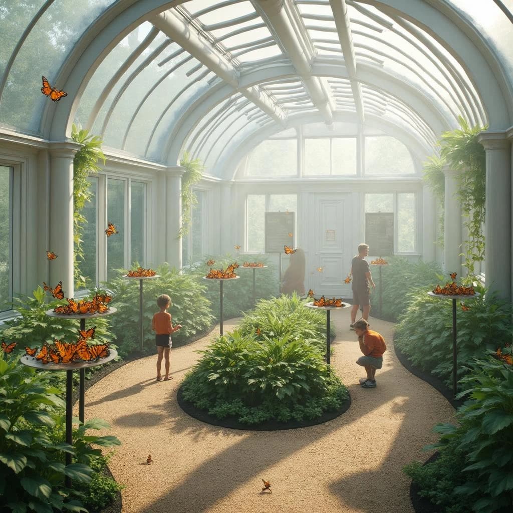 Interior render of a glasshouse butterfly conservatory, white cast iron arches and misted glass, humid morning light.
A raised planting bed spirals through the centre with a gravel path running around it. Five feeding stations on slim posts stand along the path, each holding a shallow dish of orange slices: monarch butterflies cluster on three of the dishes while two are untouched. Seven more monarchs rest on the milkweed in the bed and two are in flight above the path. Three visitors in the room, a child crouching at the nearest feeding station, an adult behind her pointing upward, and a guide standing at the far end beside an information board. Fine mist drifting near the roof vents. Physically based render.