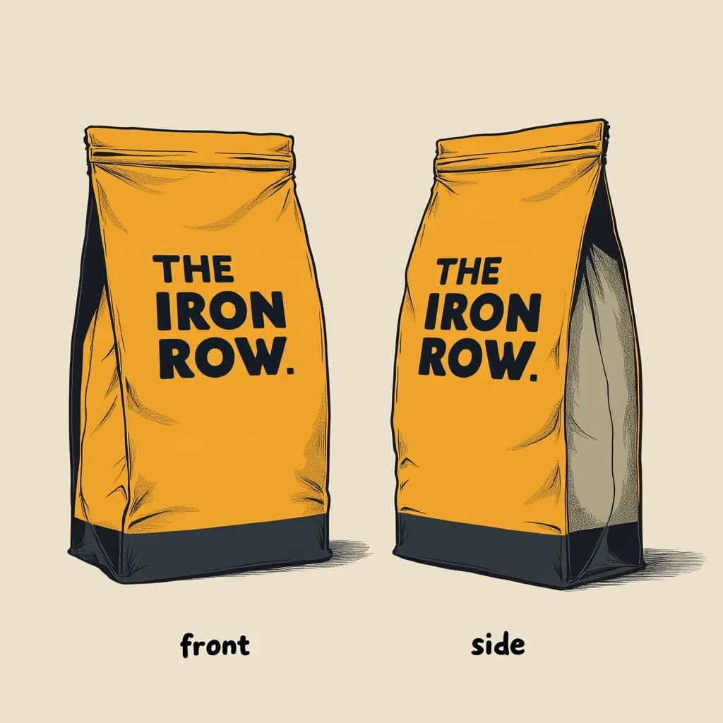 Flat vector illustration of the same coffee bag drawn in two views, captioned "front" and "side", every view carrying the wordmark "The Iron Row" in the same mustard-and-charcoal coloring, only the angle changing.