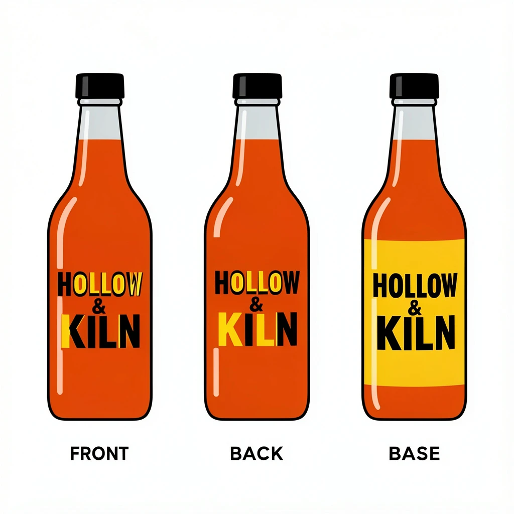 Flat vector illustration of the same hot-sauce bottle drawn in three views, captioned "front", "back" and "base", every view carrying the wordmark "Hollow & Kiln" in the same black-and-yellow coloring, only the angle changing.