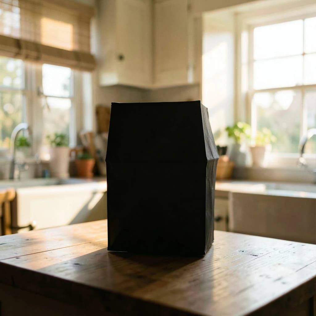 The still point when a paper lantern reads as a single dark silhouette, in a sunlit kitchen, under soft morning light.
