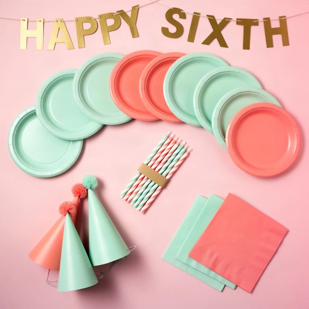 Flat lay photograph on pale pink paper, lit softly from above.
Eight paper plates fanned in an arc across the top of the frame, alternating mint and coral, four of each, mint first from the left.
Below the arc, twelve striped candles bundled under a paper band, laid diagonally.
Three cone party hats stacked at the lower left, only the middle hat trimmed with a pom pom.
At the lower right, six folded napkins in two piles of three, one pile mint and one coral.
A paper banner strung across the very top spells "HAPPY SIXTH" in gold letters, a few letters overlapping the plate arc.