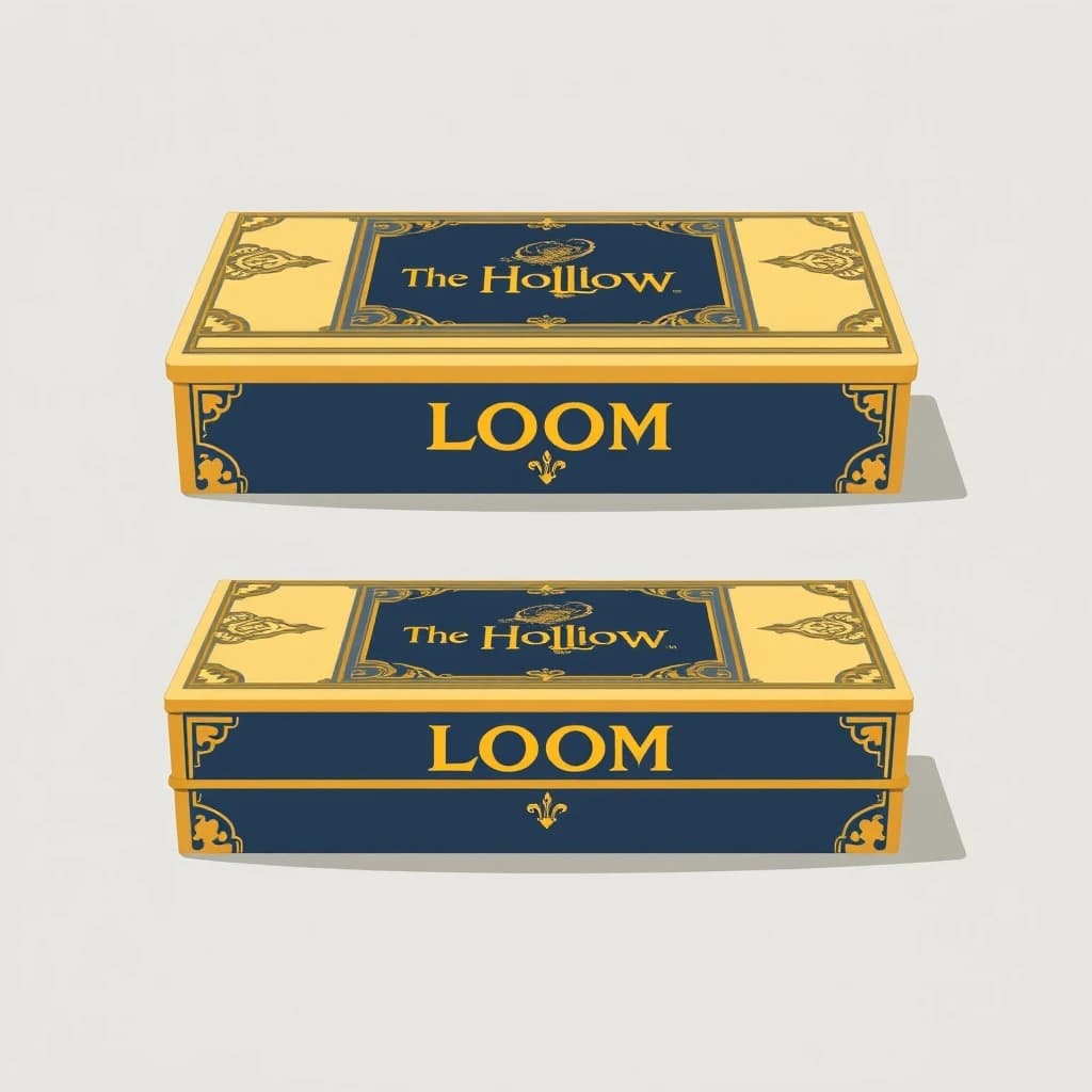 Flat vector illustration of the same board-game box drawn in three views, captioned "front", "side" and "top", every view carrying the wordmark "The Hollow Loom" in the same navy-and-gold coloring, only the angle changing.