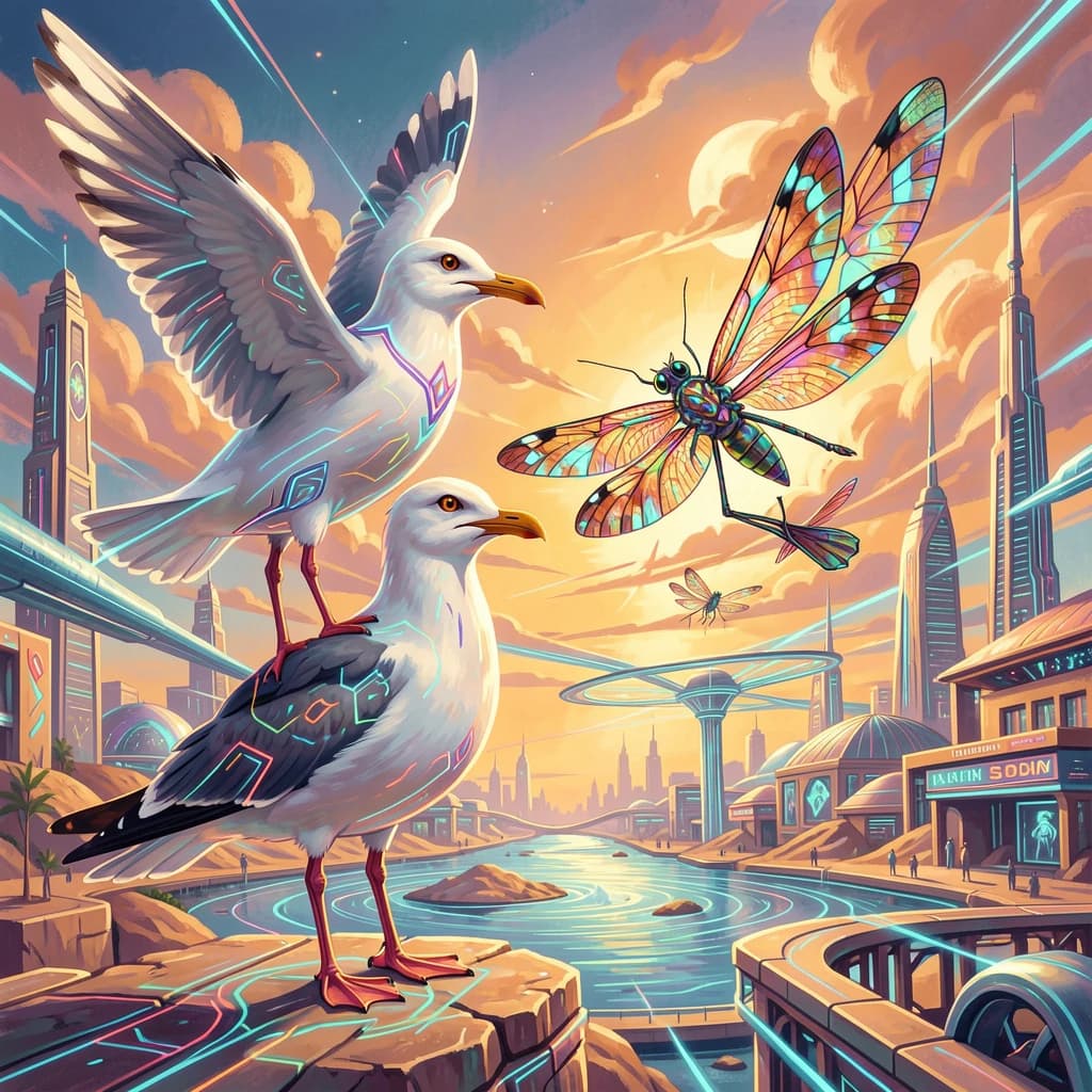 Seagull and Odonate in Khartoum, Sudan in the style of futurism