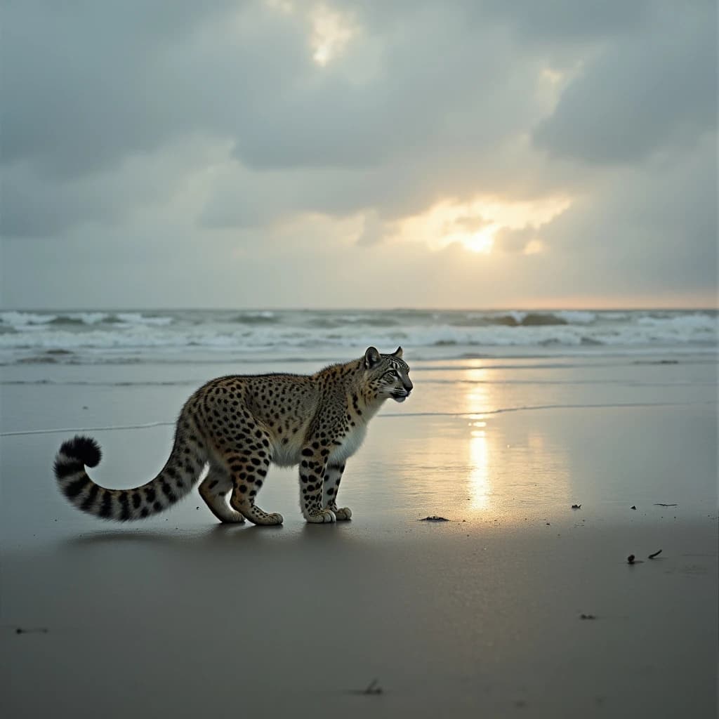 The pause when a snow leopard meets a low band of sun, on a windswept beach, under an overcast sky.