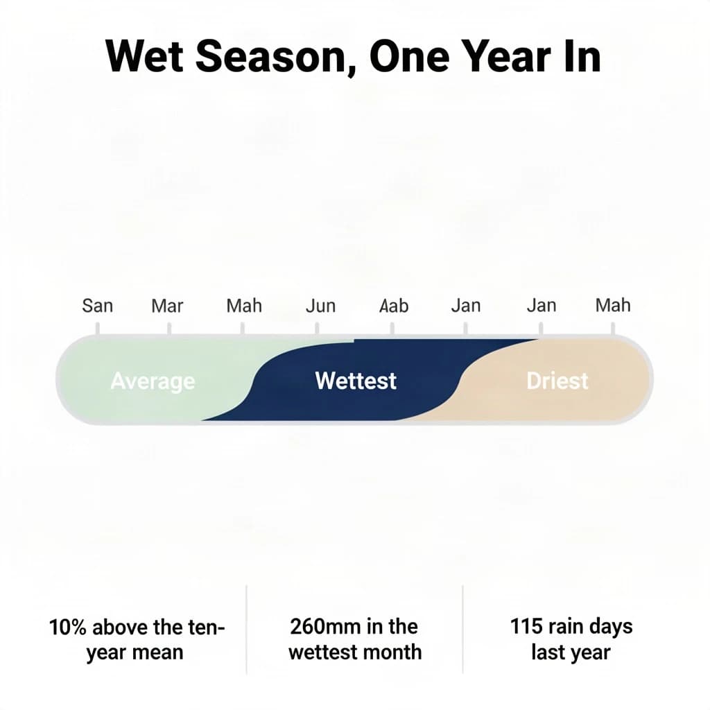 Flat vector illustration titled "Wet Season, One Year In". A twelve-month rainfall timeline sits at the center, carrying three keyed regions, "Average" shaded pale green, "Wettest" shaded dark blue and "Driest" shaded sand. Three stat chips run down a bottom row, reading "10% above the ten-year mean", "260mm in the wettest month" and "115 rain days last year". Each key color matches the shading of the region it names.
