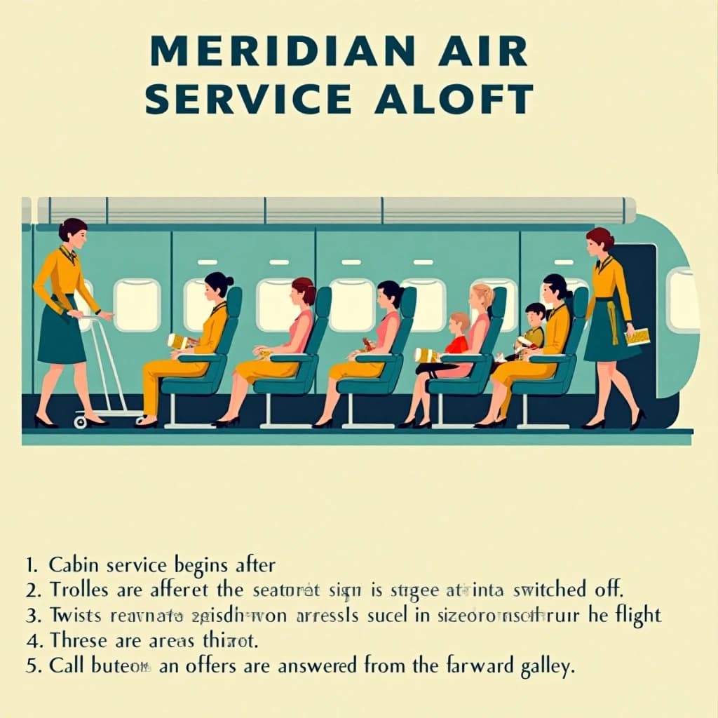 Flat vector poster in a nineteen sixties airline style, teal, mustard and cream.
A cutaway of a single aisle cabin seen from the side, five rows of seats visible. Three flight attendants in teal skirt suits with mustard scarves: one pushing a trolley in the aisle at row two, one handing a cup down to a window passenger in row four, one crouched beside a child in row five fastening a seatbelt. Nine passengers seated, four of them reading, and both aisle seats in row three empty.
Along the bottom, a numbered legend in cream boxes reading "1. Cabin service begins after the seatbelt sign is switched off.", "2. Trolleys are secured at every stage of turbulence.", "3. Water is offered on request throughout the flight.", "4. Call buttons are answered from the forward galley."
Masthead across the top reads "MERIDIAN AIR: SERVICE ALOFT", and a small line under the cabin reads "Printed for the cabin crew of the Meridian fleet, spring edition."
