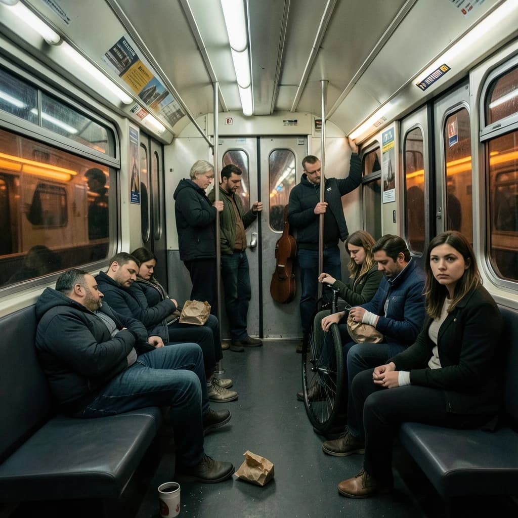 Cinematic photograph inside a late night subway car, handheld, lit only by flickering ceiling strips and orange platform light sliding past the windows. Nine passengers down the car: the three on the left bench all sleep with heads tipped at different angles, the four on the right bench are awake, one folding a paper bag, one holding a bike wheel upright between his knees, one wrapping her own wrist in tape, one staring straight into the lens. Two more stand at the far doors gripping the same pole with a violin case wedged between them. An empty seat beside the nearest sleeper, a coffee cup rolling under it.