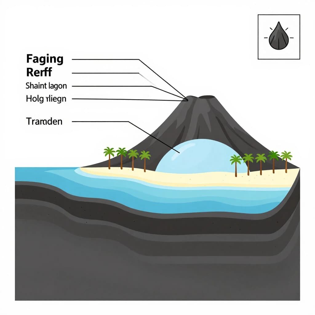 Cross section of a volcanic tropical island as a flat academic figure with clean colour blocks and a horizontal sea level line. Reading from the ocean on the left toward the right: a fringing reef crest, a shallow lagoon holding three coral heads, a white sand beach, a coconut palm belt of five trees, then a rising basalt cone with two lava layers picked out in darker grey, and a freshwater lens drawn as a pale blue dome under the middle of the island. Below sea level the flanks drop in three stepped terraces to a flat deep floor. Eight leader line labels, a depth scale down the left edge, and a small locator inset in the top right.