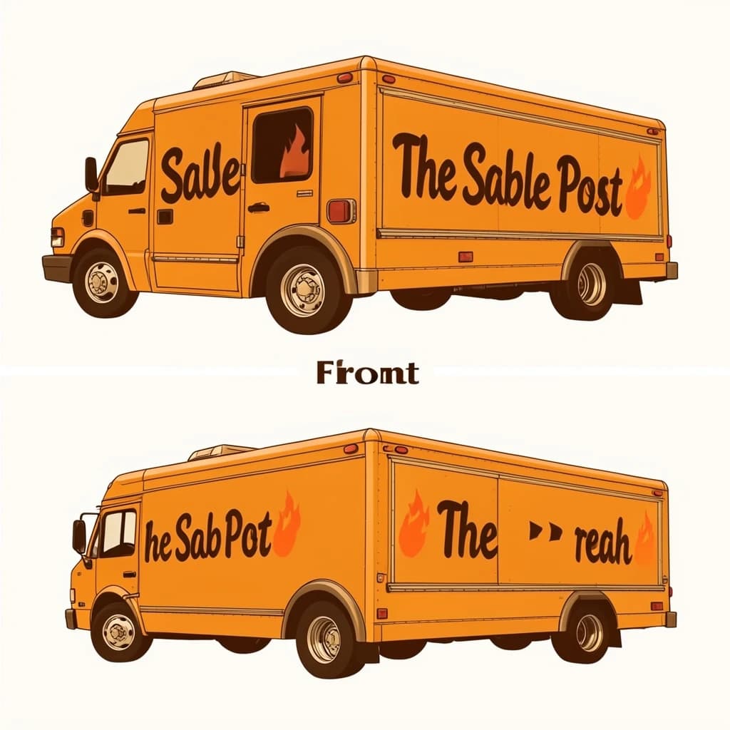 Printed poster: one food truck in three sides. The sides are captioned "left side", "front" and "rear" in that order. The wordmark "The Sable Post" appears on every side with a small flame icon beside it. The orange-and-brown coloring is the same across every side, and only the side changes.