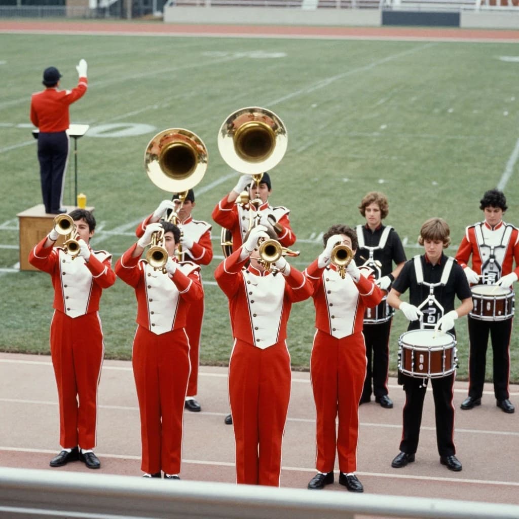 Nineteen seventies Kodachrome-era colour film look, faded warm grain and slight overexposure: a high school marching band seen from a stadium walkway. Front rank of five trumpet players in red and white uniforms, all with horns raised. Behind them three sousaphones in a triangle, the middle player caught mid turn. A line of four drummers to the right, the snare drummer nearest the camera mid stroke. A single drum major stands on a podium at the far left with his back to us, arms up. Empty green field behind them.