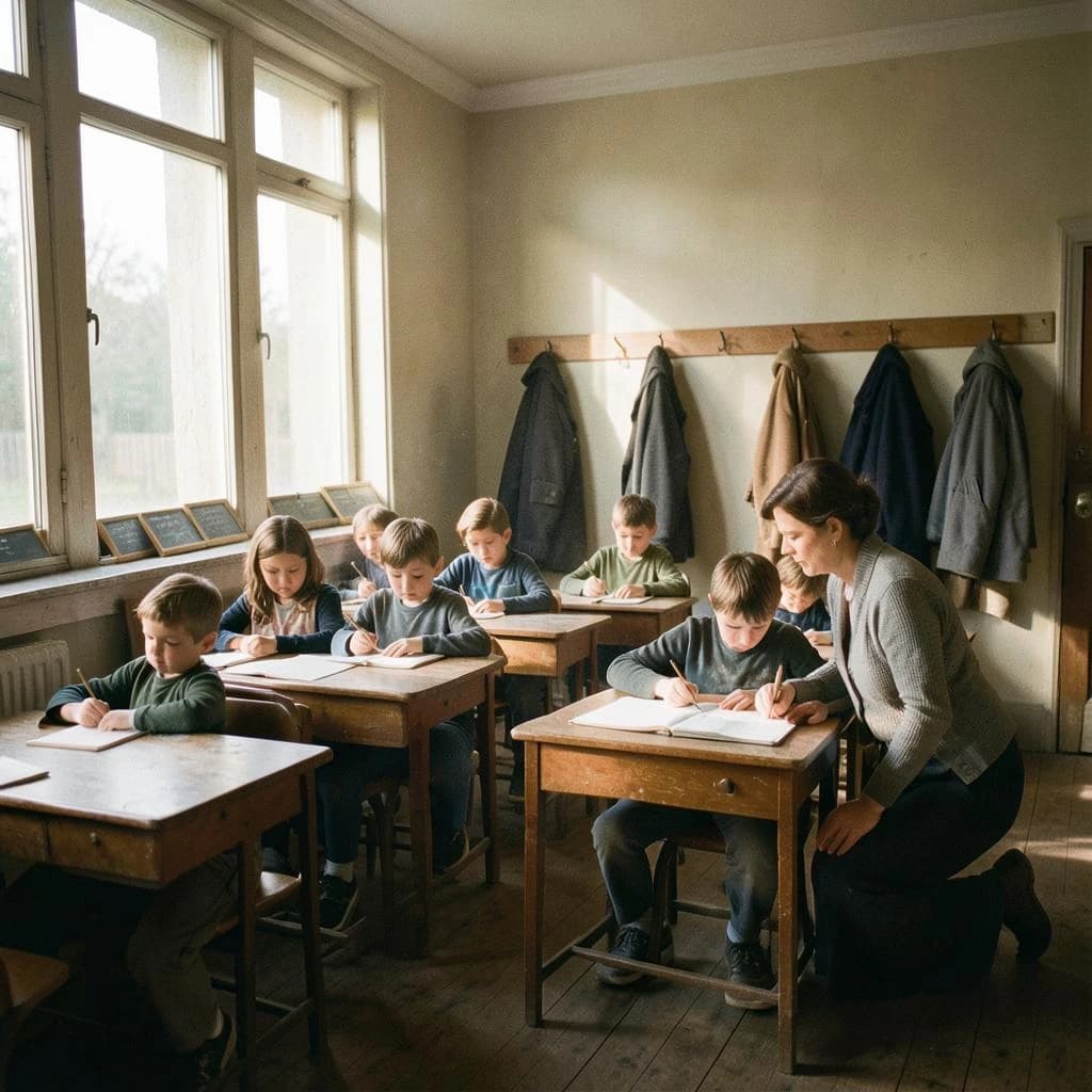 Documentary photograph inside a 1961 rural schoolhouse, late afternoon sun through tall windows. Twelve pupils at six shared wooden desks, two to a desk: the four in the window row copy from slates, the four in the middle row have open exercise books, the four along the back wall are turned around watching. The teacher, a woman in a grey cardigan with chalk dust on her sleeve, kneels beside the desk nearest the door, one hand steadying a boy's pencil. Four wall hooks behind her hold three coats, the middle hook bare. Warm dust in the light, fine grain, nobody posing.