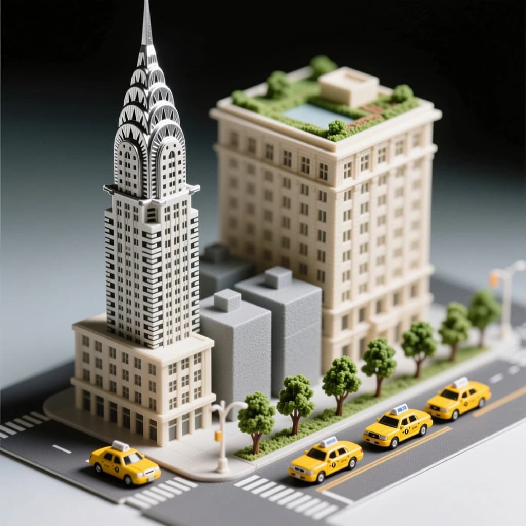 Tilt shift photograph of a hand built architectural scale model of a Midtown Manhattan block, studio lit from the upper left.
The Chrysler Building stands on the corner in polished silver card with its stepped crown and triangular windows. Directly across the street sits a proposed cream limestone tower, two floors shorter, topped by a stepped roof garden. Between them four smaller grey massing blocks in plain foam. Six tiny yellow cabs on the avenue, three stopped at the crossing and three queued behind, with a line of green model trees down the median.
