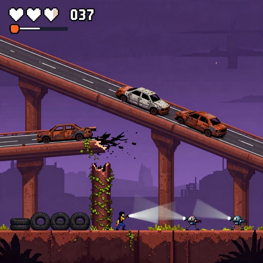Side-scrolling pixel art screenshot from a post-apocalyptic survival platformer, dusk palette of rust and violet. A collapsed highway overpass cuts diagonally across the frame on four concrete support pillars, the second from the left snapped in half and wrapped in vines. On the deck above sit three burnt-out cars nose to tail, only the middle one still upright. Below, the player crouches behind a barricade of five stacked tires while two scavenger drones sweep flashlight cones in from the right. Top-left interface: three heart icons with the last half empty, a scrap counter reading "037", and a thin compass strip.