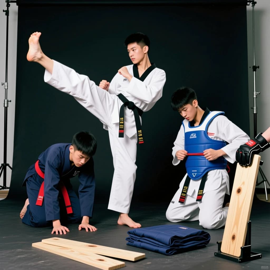 Studio photography, stunt and costume reference on a seamless charcoal backdrop, one hard key from camera left. Three taekwondo athletes in a tight diagonal: the tallest, in a white uniform with a black belt, holds a side kick frozen at chest height; the shortest, in navy with a red belt, ducks under it with both palms flat on the floor; the third kneels behind them fastening a blue chest guard onto a folded uniform. Two snapped pine boards lie at the front edge of the frame, a third board still whole in a holder's gloved hands.