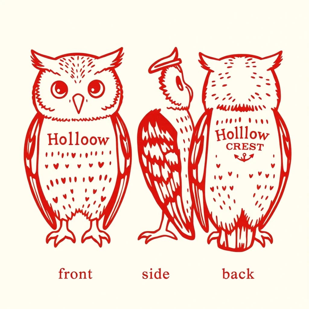 Linocut print: one bookstore owl mascot in three views. The views are captioned "front", "side" and "back" in that order. The wordmark "Hollow Crest" appears on every view with a small anchor mark beside it. The red-and-cream coloring is the same across every view, and only the angle changes.