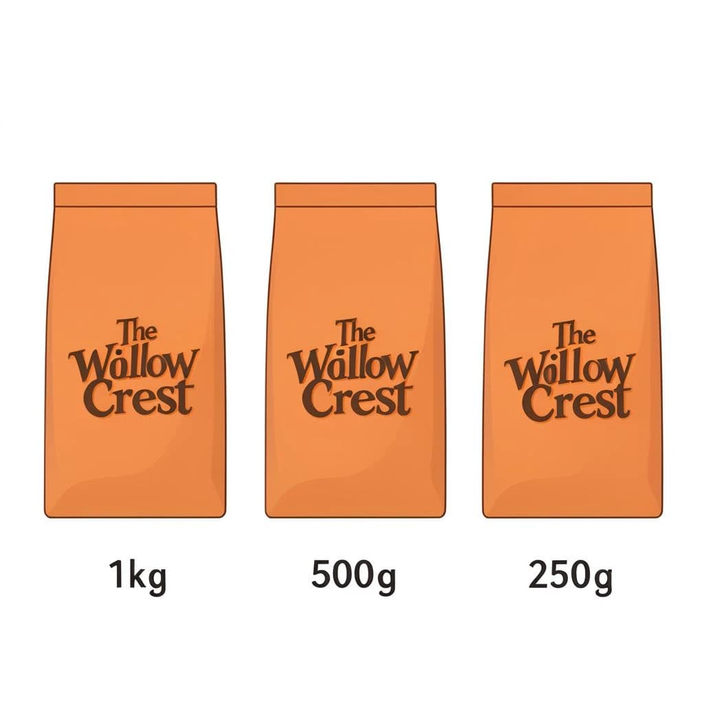 Flat vector illustration of the same coffee bag drawn in three sizes, captioned "1kg", "500g" and "250g", every size carrying the wordmark "The Willow Crest" in the same orange-and-brown coloring, only the bag size changing.