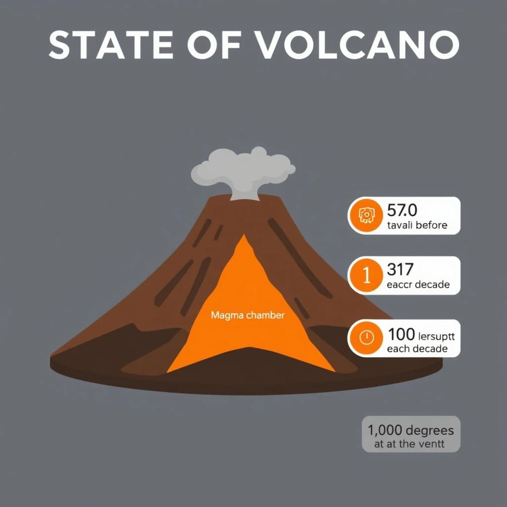 Flat vector illustration titled "State of Volcano": at the center a cutaway cone, carrying three keyed regions, "Lava channel" shaded red, "Ash cloud" shaded gray and "Magma chamber" shaded orange, beside a right column of three stat chips reading "670 tremors before the last eruption", "1 in 27 erupt each decade" and "1,000 degrees at the vent".