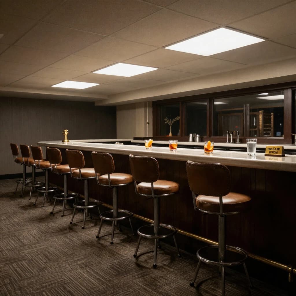 Liminal space photograph of a hotel bar at four in the morning, humming fluorescent ceiling panels, patterned carpet running off frame, nobody in sight. Eleven identical barstools stand in one unbroken row along the counter, only the fifth pulled out and turned. Three finished old fashioneds sit spaced along the bar, each down to melted ice and a single orange peel, and a fourth glass, freshly poured and still clear, waits at the far end beside a small brass sign reading "THE LATE ROOM".