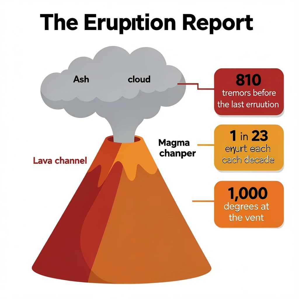 Flat vector illustration titled "The Eruption Report". A cutaway cone sits at the center, carrying three keyed regions, "Lava channel" shaded red, "Ash cloud" shaded gray and "Magma chamber" shaded orange. Three stat chips run down a right column, reading "810 tremors before the last eruption", "1 in 23 erupt each decade" and "1,000 degrees at the vent". Each key color matches the shading of the region it names.