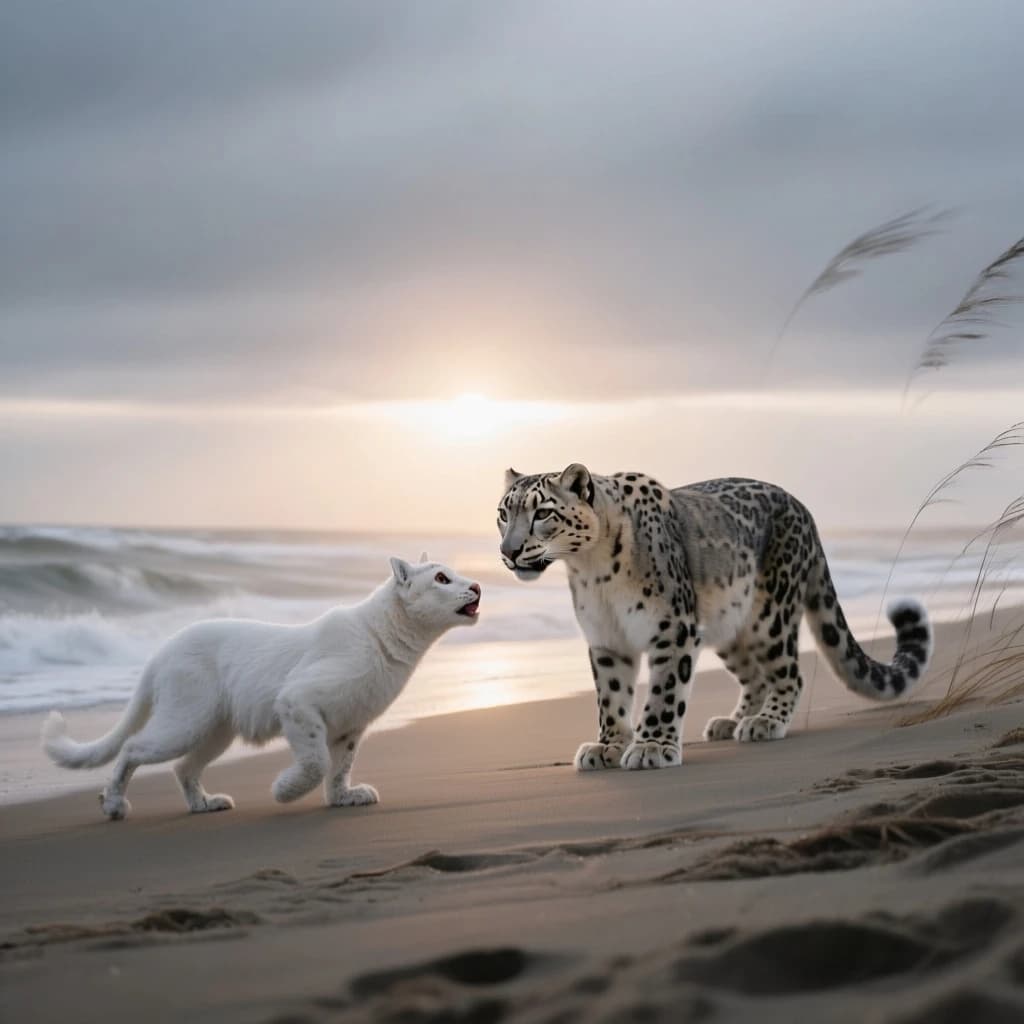 The pause when a snow leopard meets a low band of sun, on a windswept beach, under an overcast sky.