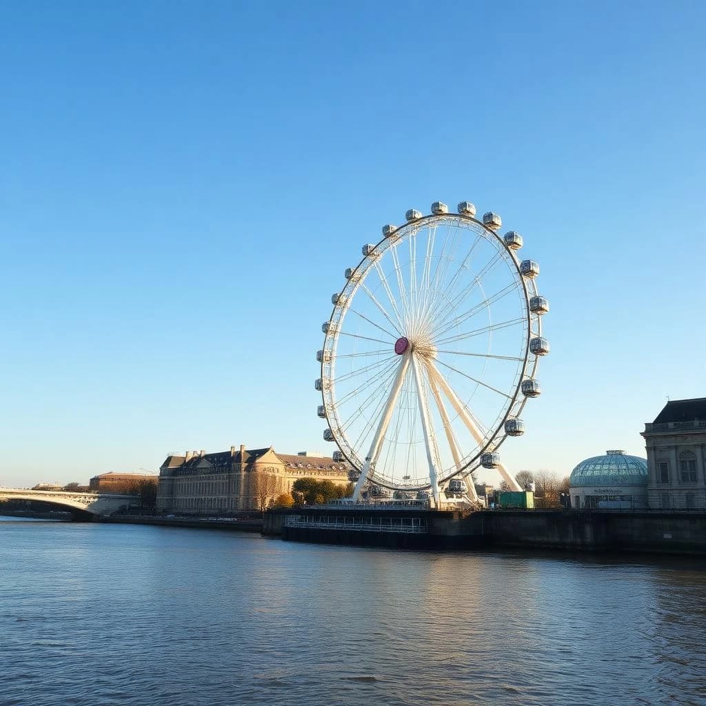 A ferris wheel dulled by a thin layer of dust beside a quiet river, under a clear blue sky, wide-angle perspective, photorealistic style.