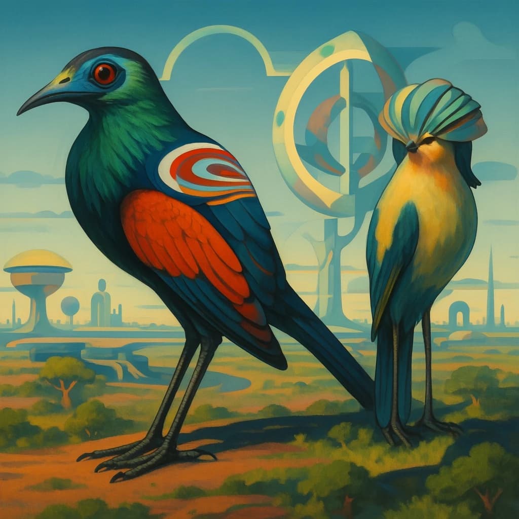 Jacamar and Mollie in Dodoma, Tanzania in the style of futurism