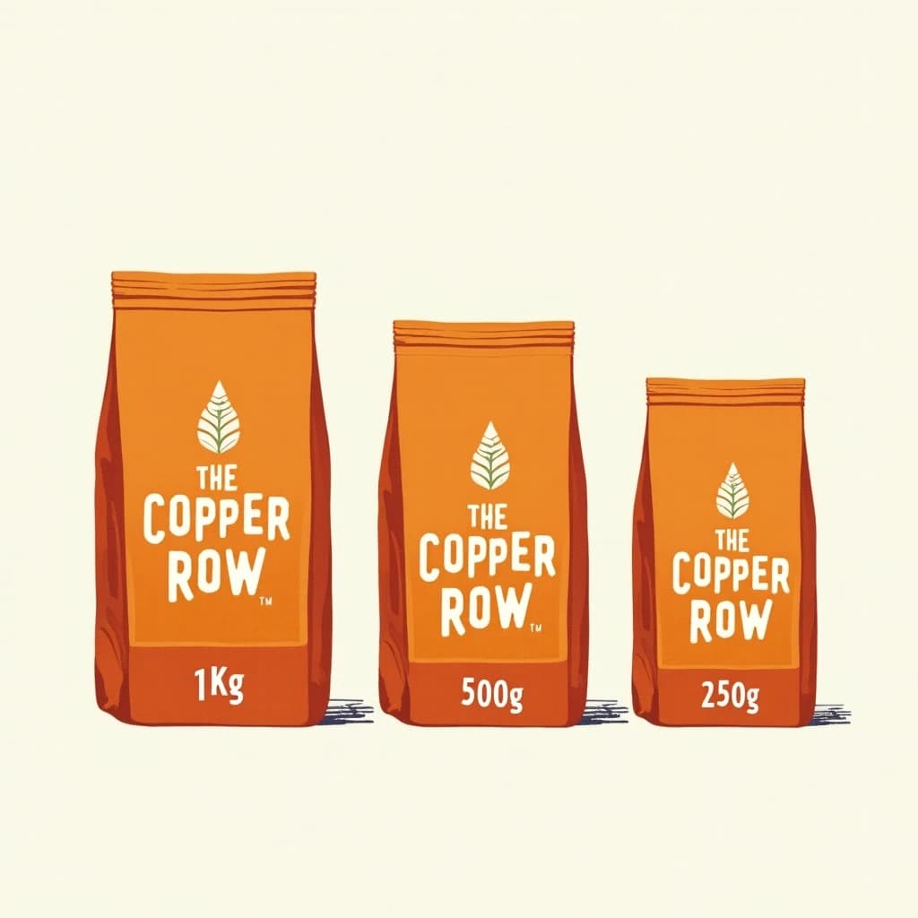 Linocut print: one coffee bag in three sizes. The sizes are captioned "1kg", "500g" and "250g" in that order. The wordmark "The Copper Row" appears on every size with a single droplet symbol beside it. The orange-and-brown coloring is the same across every size, and only the bag size changes.