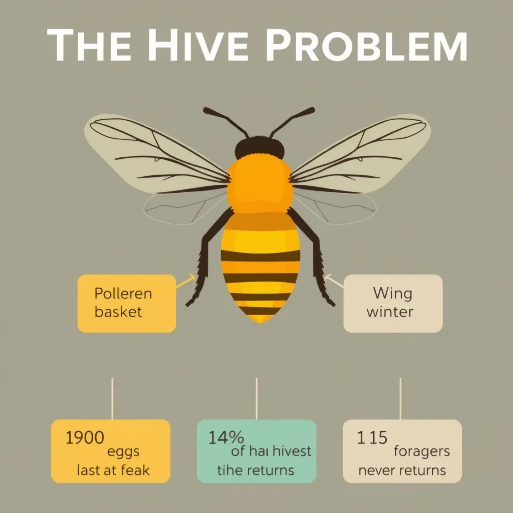 Flat vector illustration titled "The Hive Problem". A labeled bee diagram sits at the center, carrying two keyed regions, "Pollen basket" shaded amber and "Wing pair" shaded slate. Three stat chips run down a bottom row, reading "1,900 eggs a day at peak", "14% of hives lost last winter" and "1 in 15 foragers never returns". Each key color matches the shading of the region it names.