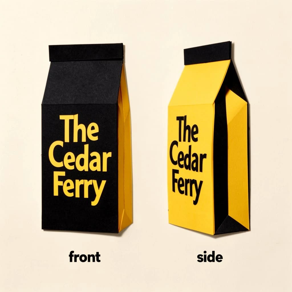 Cut-paper collage: one coffee bag in two views. The views are captioned "front" and "side" in that order. The wordmark "The Cedar Ferry" appears on every view. The black-and-yellow coloring is the same across every view, and only the angle changes.