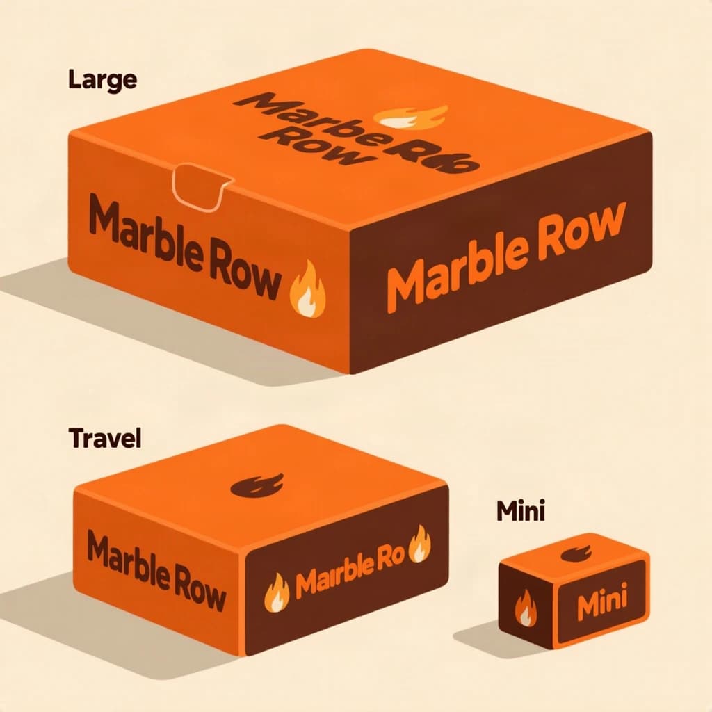 Flat vector illustration: one board-game box in three editions. The editions are captioned "Large", "Travel" and "Mini" in that order. The wordmark "Marble Row" appears on every edition with a small flame icon beside it. The orange-and-brown coloring is the same across every edition, and only the box size changes.
