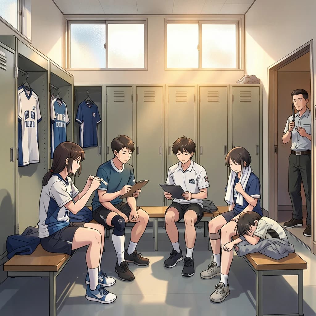 Modern anime interior for a high school volleyball series, wide view down a team locker room after practice. Eight lockers along the back wall in two banks of four, the three on the far left hanging open with jerseys spilling out and the rest shut. Four players occupy the foreground bench: the setter re-taping two fingers, the libero pulling on a knee sleeve, the captain reading a clipboard, and a first year asleep sitting upright with a towel over his face. A coach stands in the right doorway holding a whistle, half in shadow. Warm late-sun bars fall through high frosted windows, cel shading, clean bold linework.
